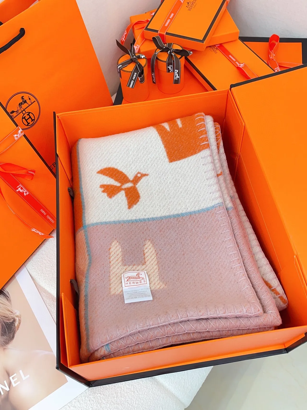 Hermès Graphic Narrative Orange and Cream Shawl 4