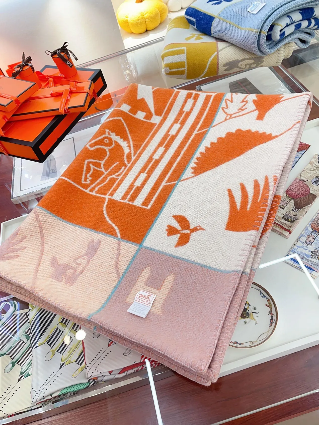 Hermès Graphic Narrative Orange and Cream Shawl 5