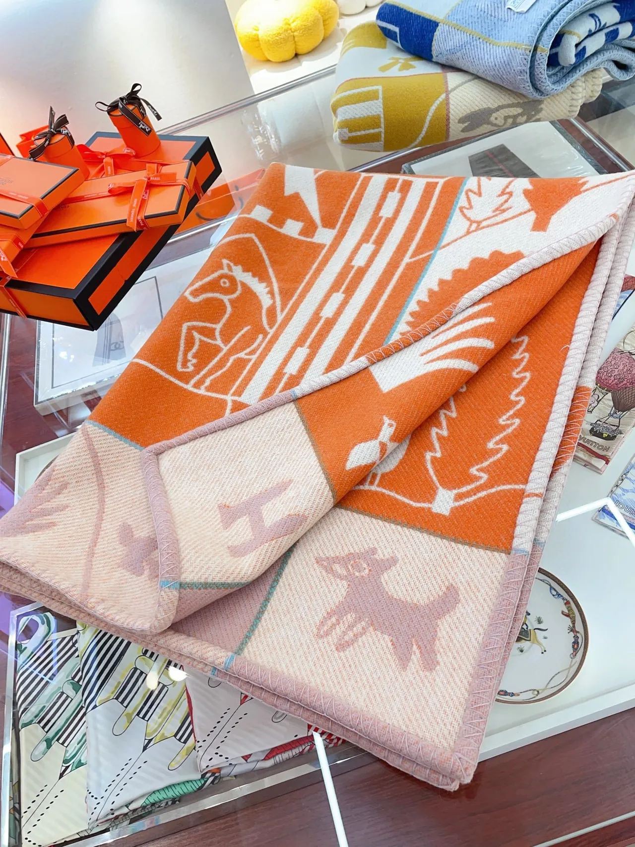 Hermès Graphic Narrative Orange and Cream Shawl 6