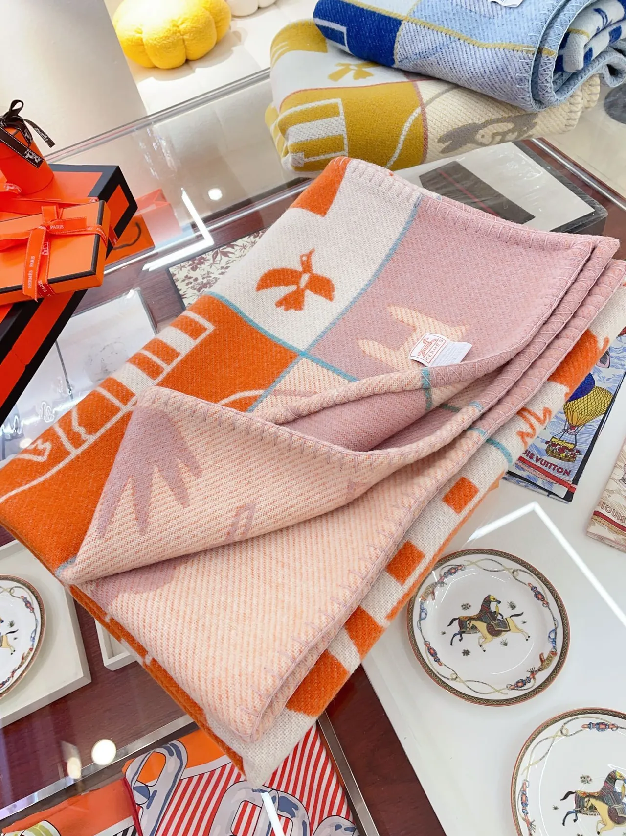 Hermès Graphic Narrative Orange and Cream Shawl 7