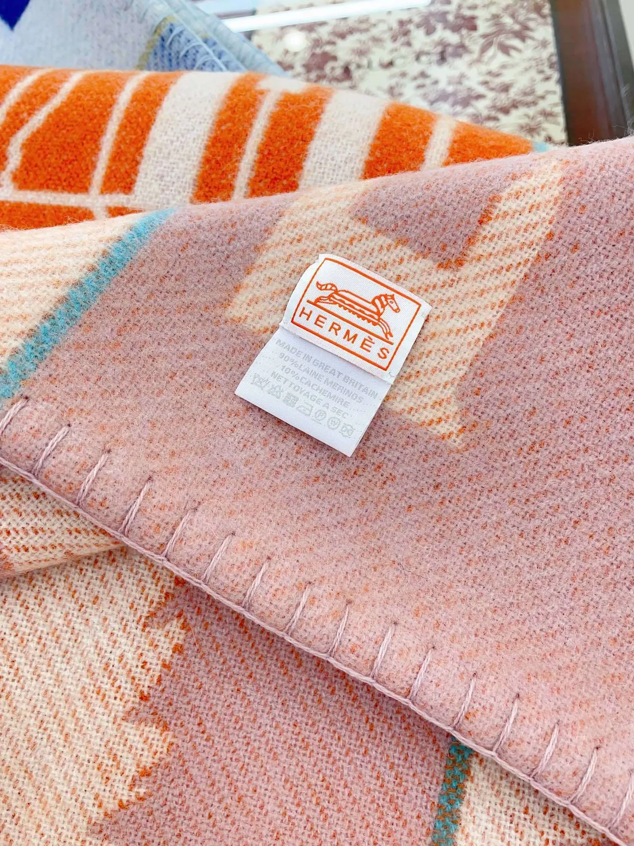 Hermès Graphic Narrative Orange and Cream Shawl 8