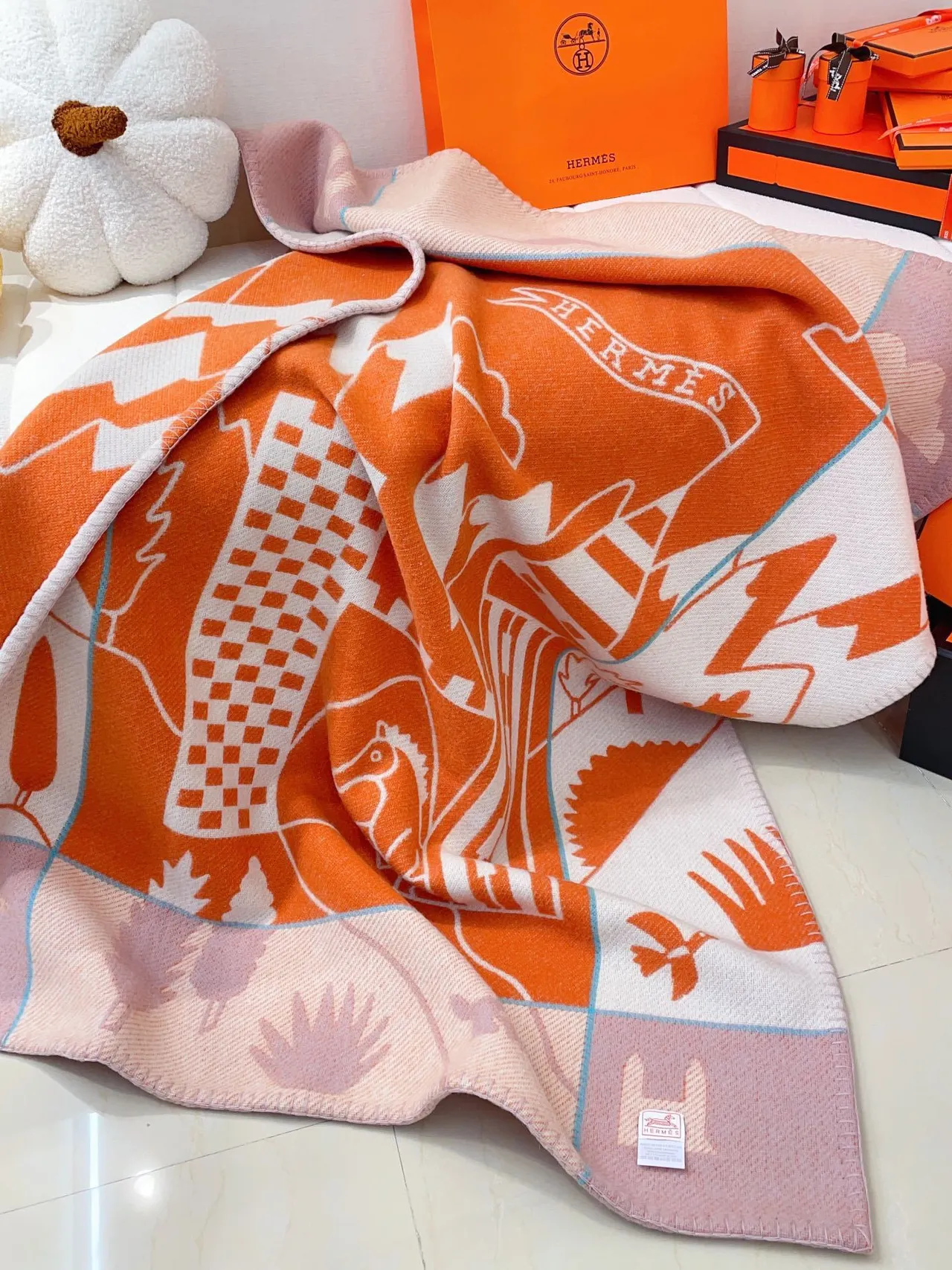 Hermès Graphic Narrative Orange and Cream Shawl 9