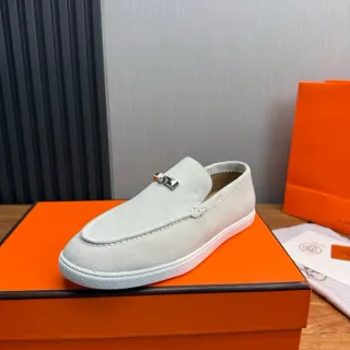 Hermès Gray White Suede Upper H-Shaped Metal Hardware Loafer
