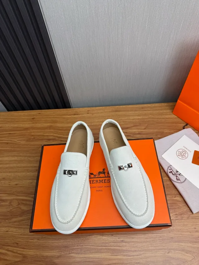 Hermès Gray White Suede Upper H-Shaped Metal Hardware Loafer 2