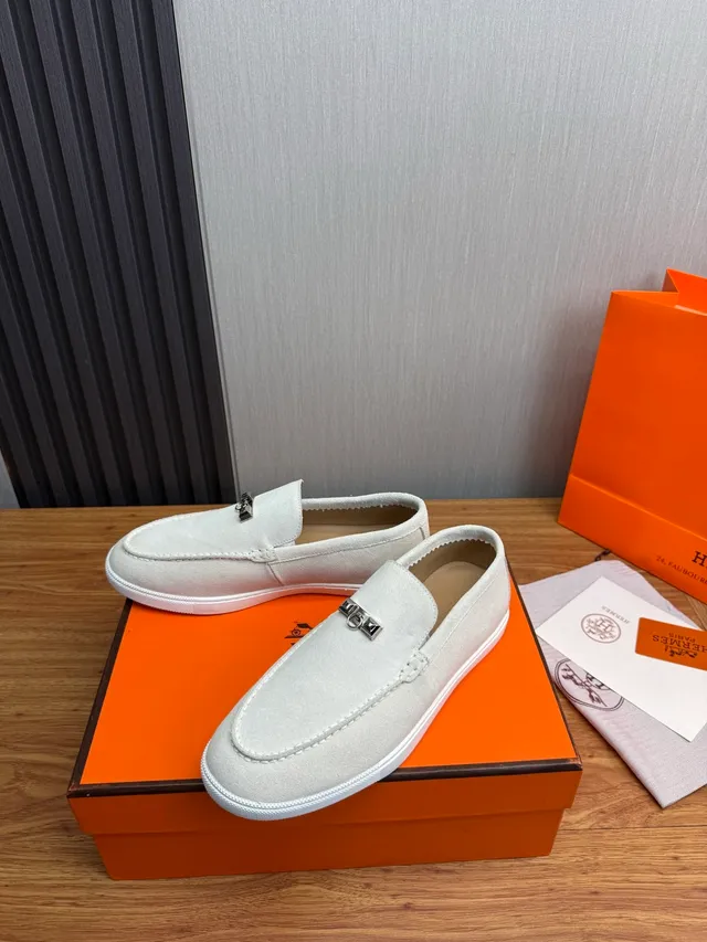 Hermès Gray White Suede Upper H-Shaped Metal Hardware Loafer 3