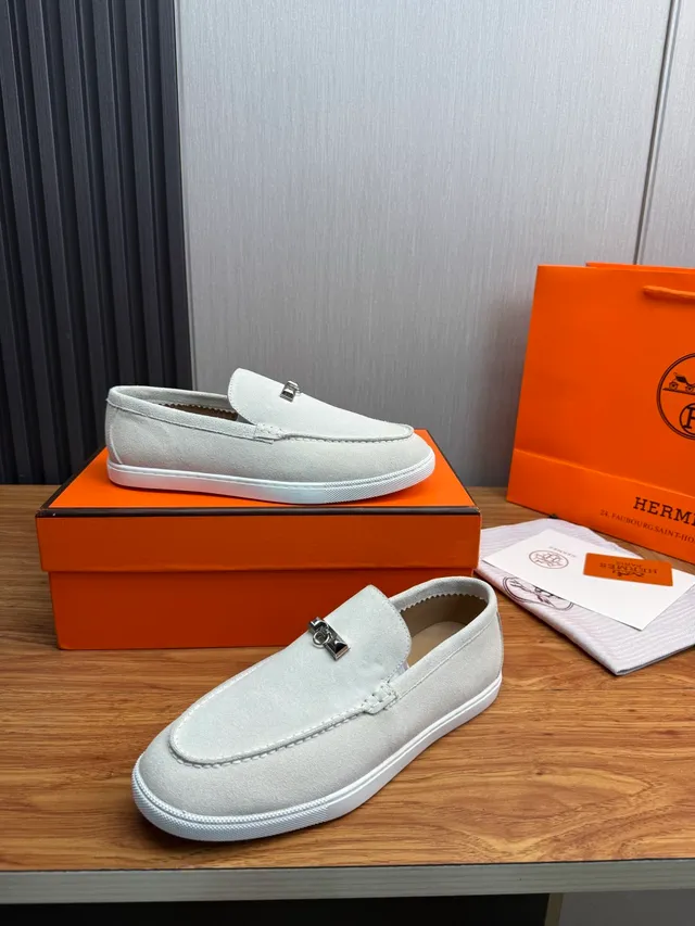 Hermès Gray White Suede Upper H-Shaped Metal Hardware Loafer 4
