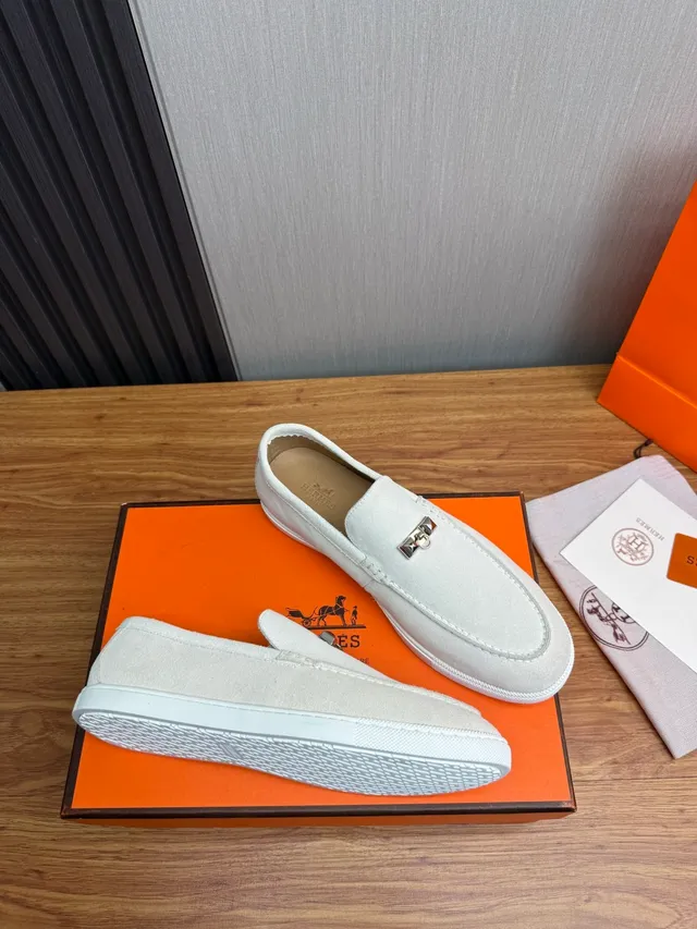 Hermès Gray White Suede Upper H-Shaped Metal Hardware Loafer 6