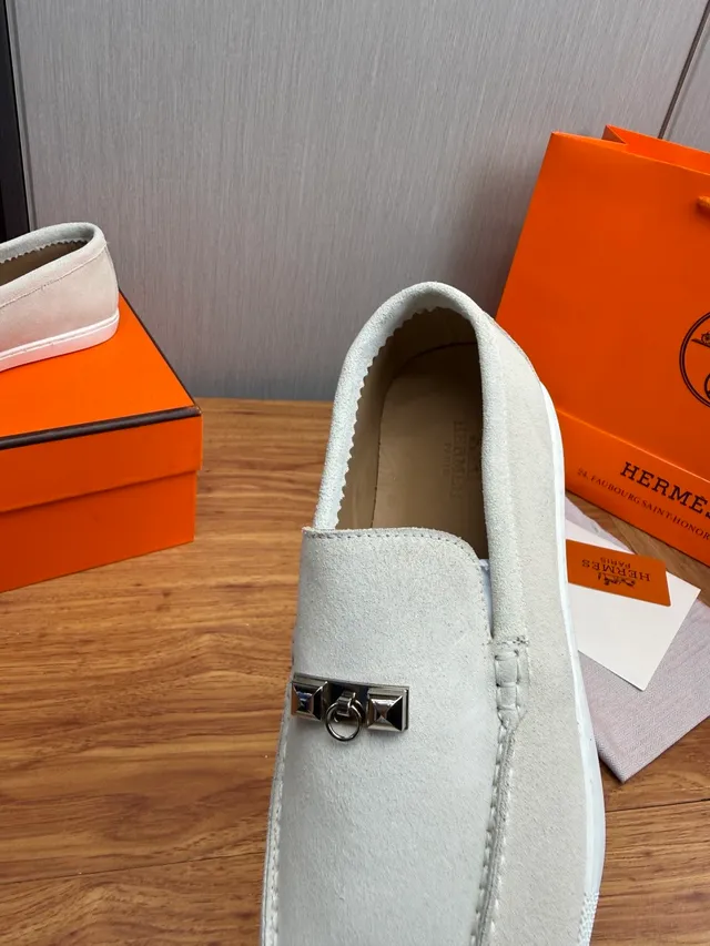 Hermès Gray White Suede Upper H-Shaped Metal Hardware Loafer 8