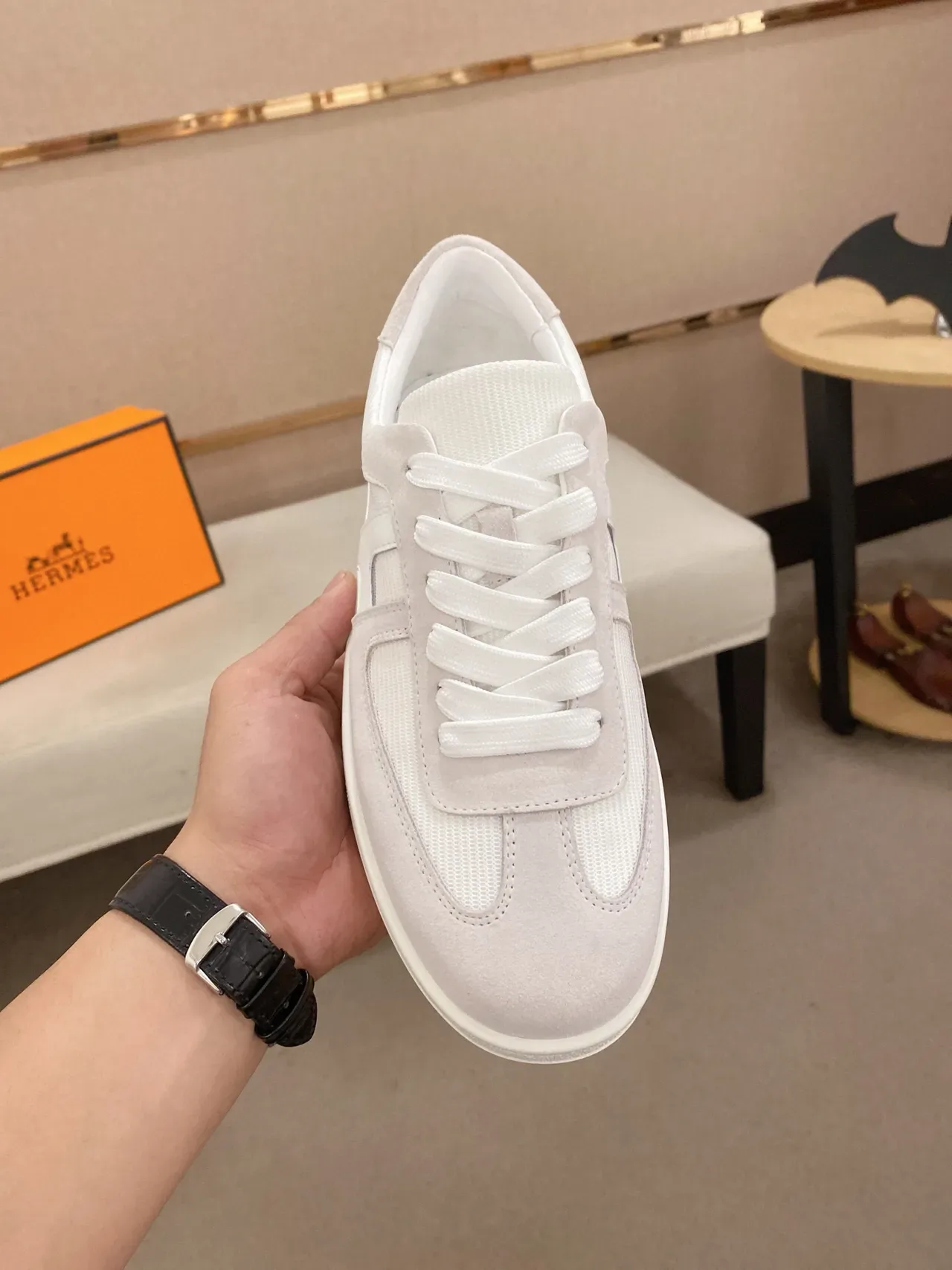 Hermès H Cut Off-White Suede and Textile Lifestyle Sneaker 2