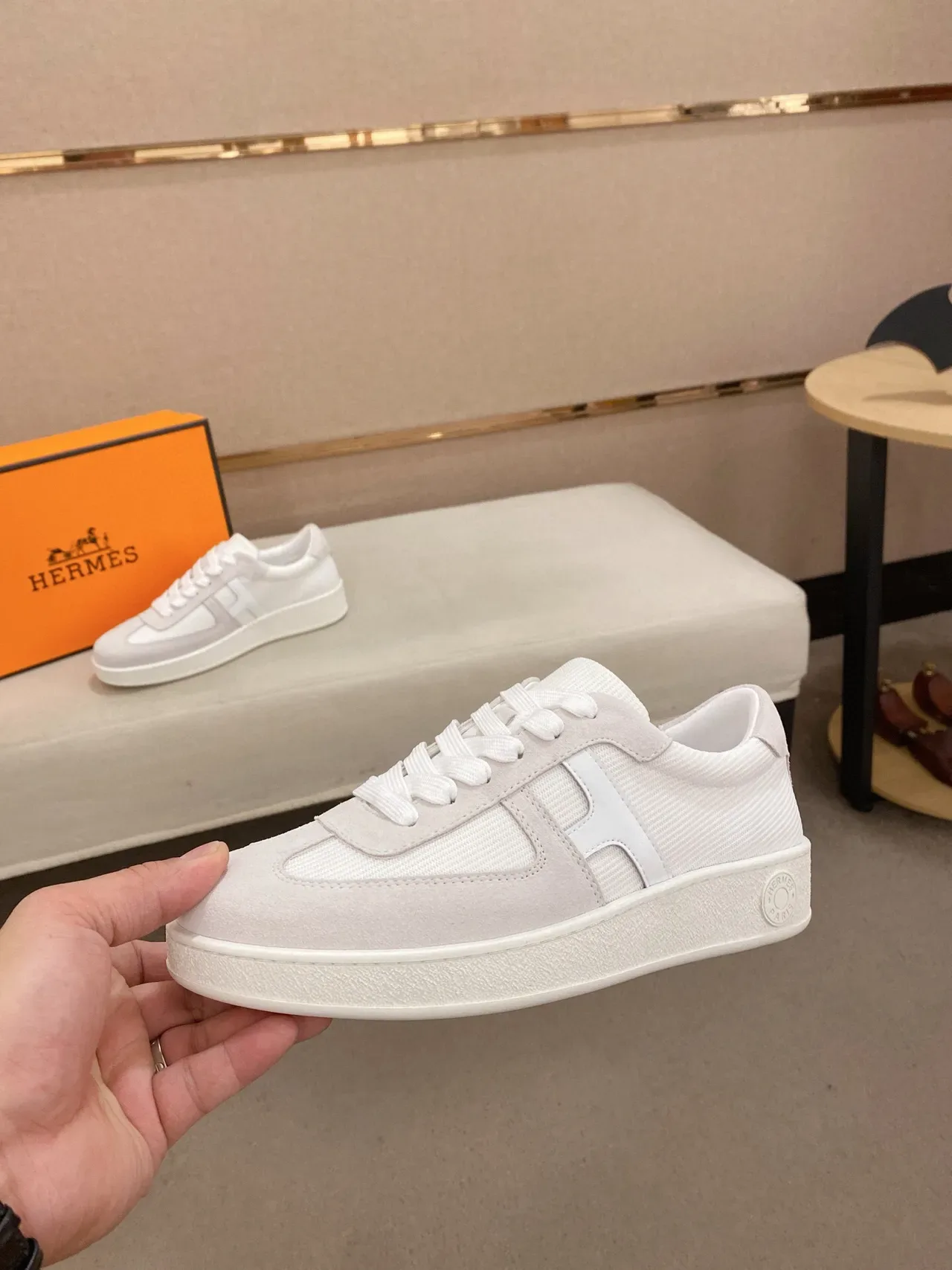 Hermès H Cut Off-White Suede and Textile Lifestyle Sneaker 3