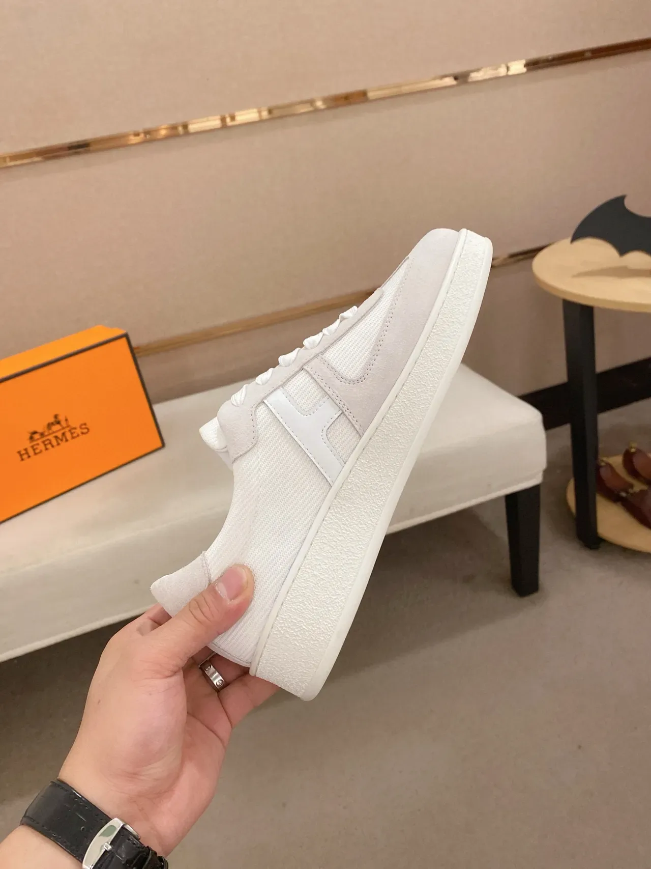Hermès H Cut Off-White Suede and Textile Lifestyle Sneaker 5