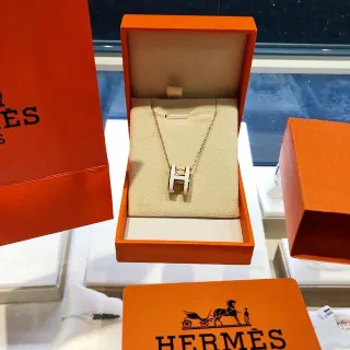 Hermès H Gold White Geometric Pendant Rose Metal Necklace