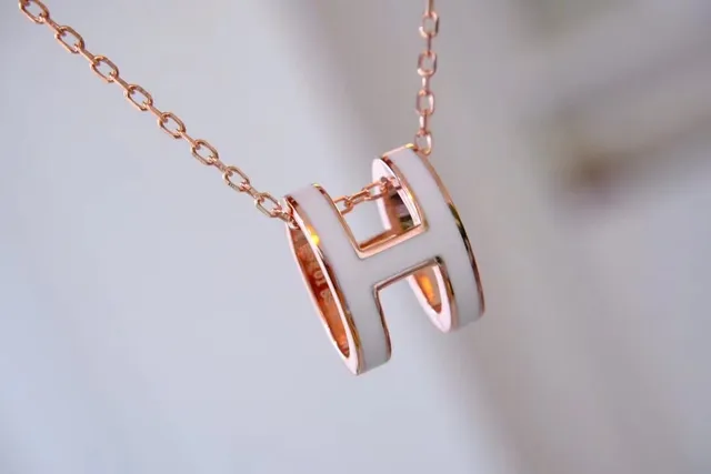 Hermès H Gold White Geometric Pendant Rose Metal Necklace 2