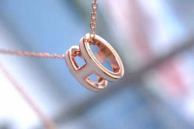 Hermès H Gold White Geometric Pendant Rose Metal Necklace 5