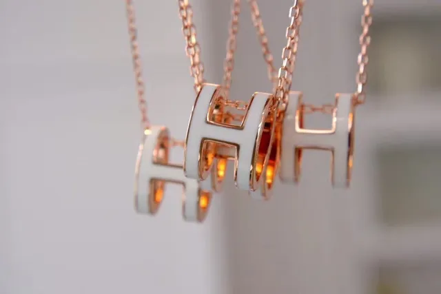 Hermès H Gold White Geometric Pendant Rose Metal Necklace 6