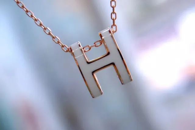 Hermès H Gold White Geometric Pendant Rose Metal Necklace 7