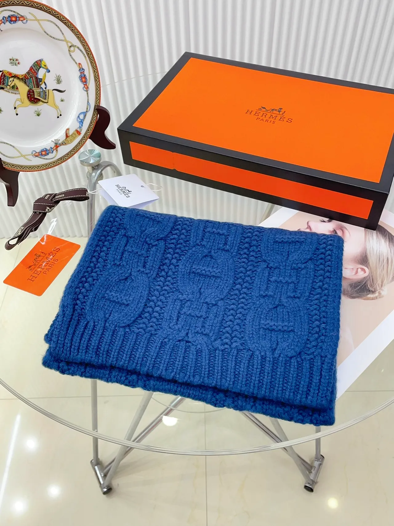 Hermès H Link Cable-Knit Navy Blue Cashmere Scarf 6