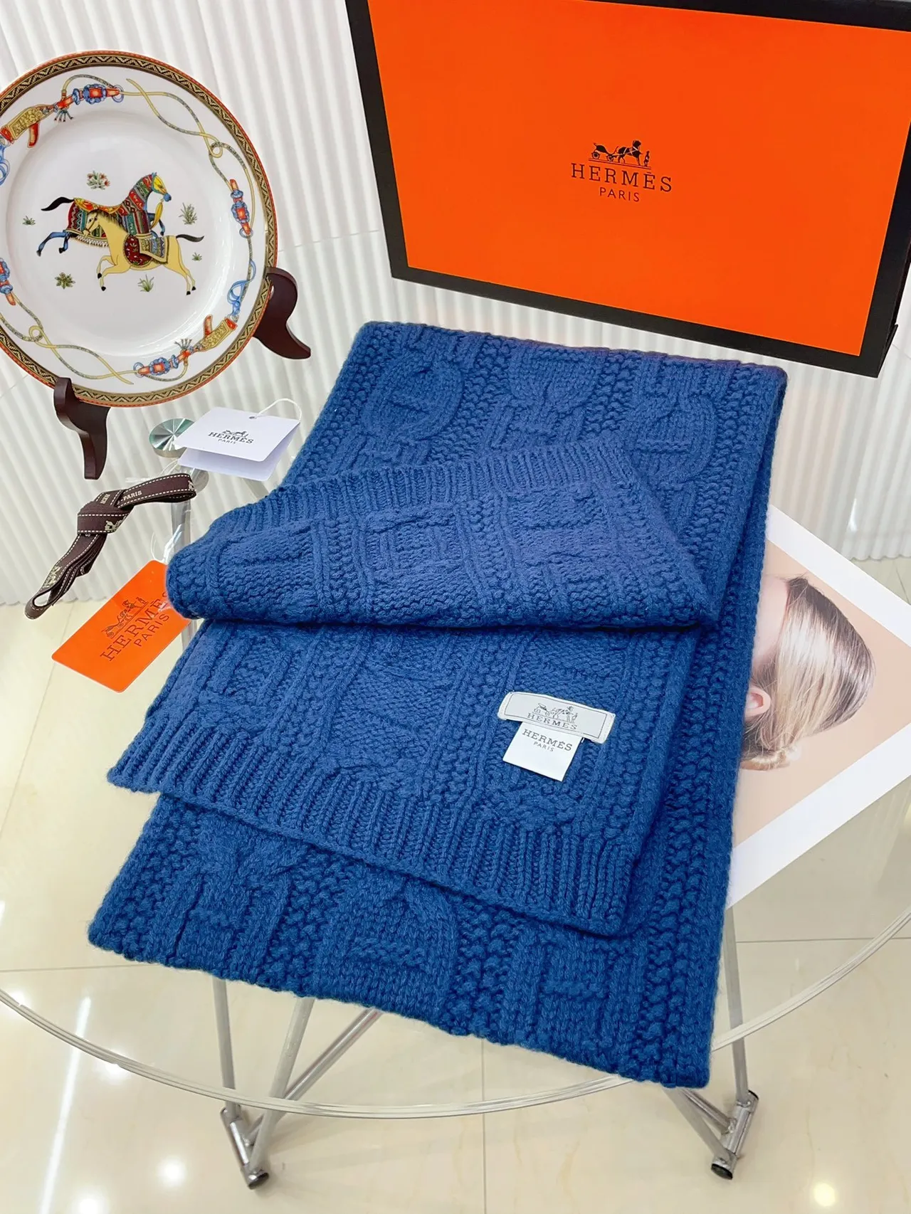 Hermès H Link Cable-Knit Navy Blue Cashmere Scarf 7