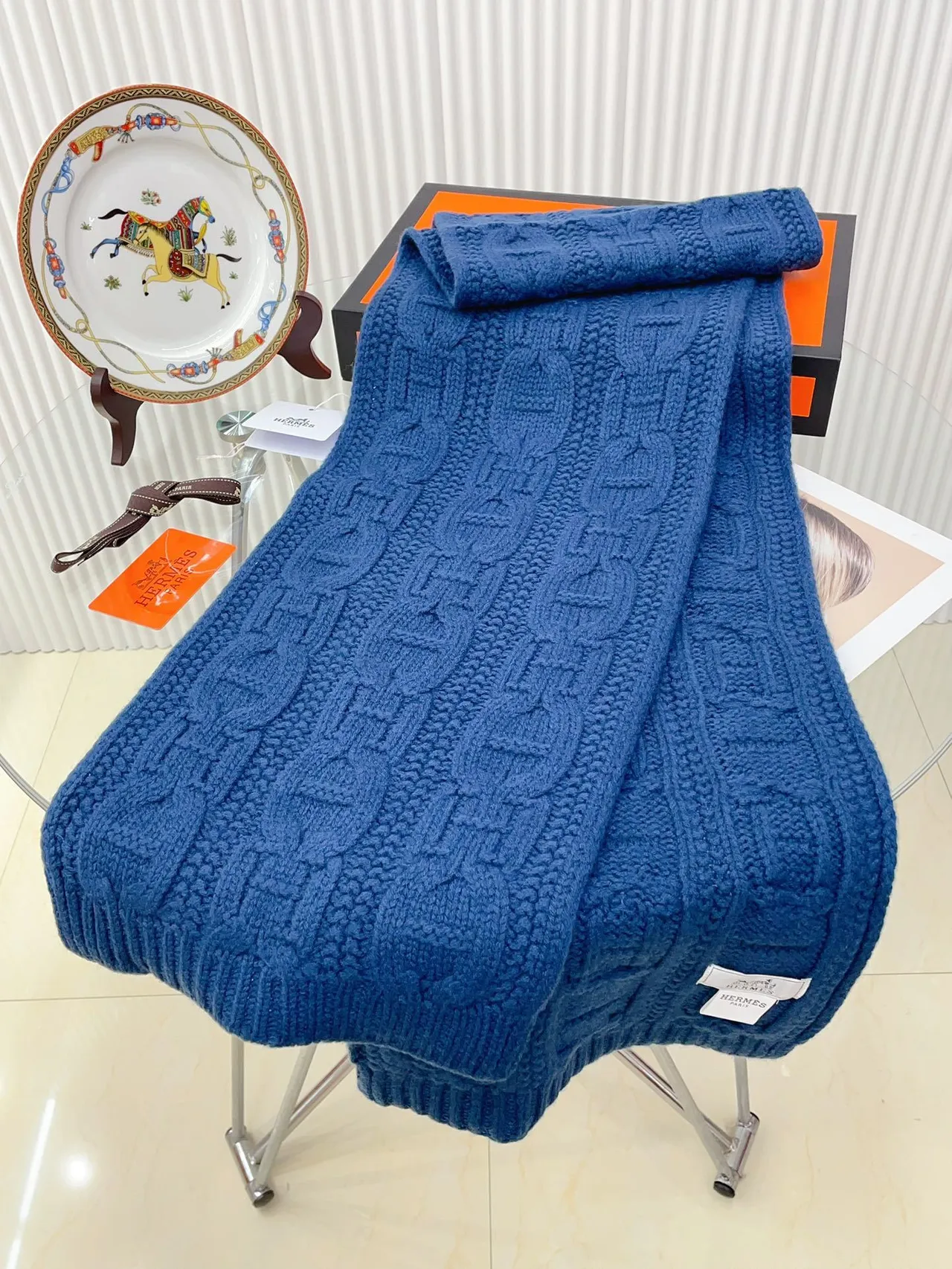 Hermès H Link Cable-Knit Navy Blue Cashmere Scarf 8