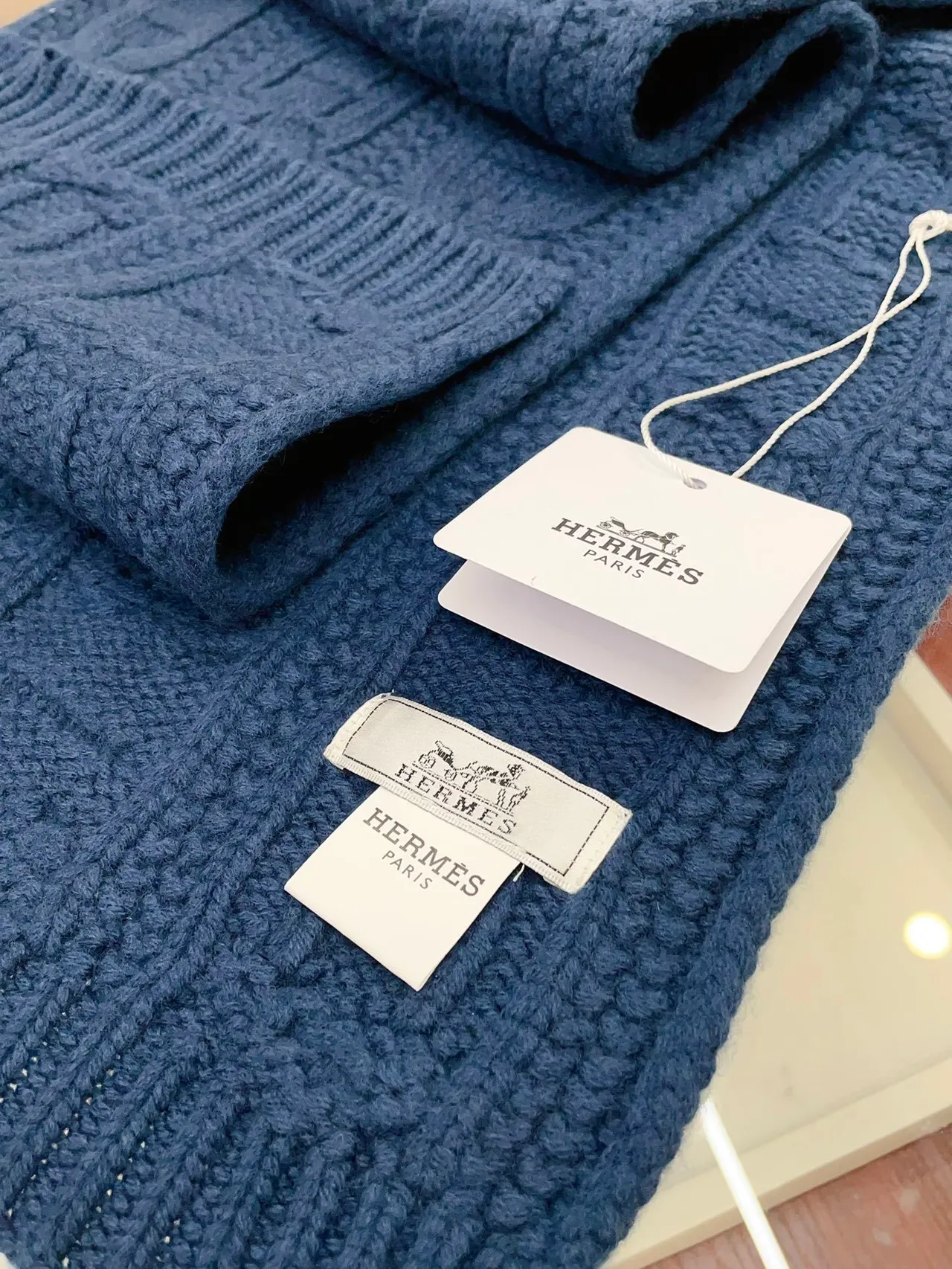 Hermès H Link Cable-Knit Navy Blue Cashmere Scarf 9