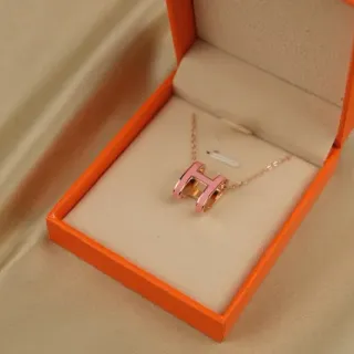 Hermès H Necklace Pink Enamel Rose Gold-Tone Chain Necklace