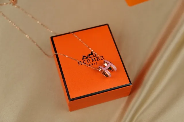 Hermès H Necklace Pink Enamel Rose Gold-Tone Chain Necklace 2