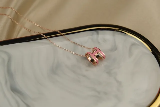 Hermès H Necklace Pink Enamel Rose Gold-Tone Chain Necklace 5