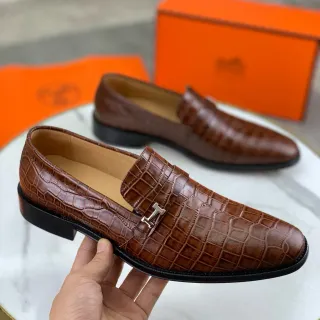 Hermès H-Pocket Loafer Couro Marrom Crocodilo Embossado Loafers