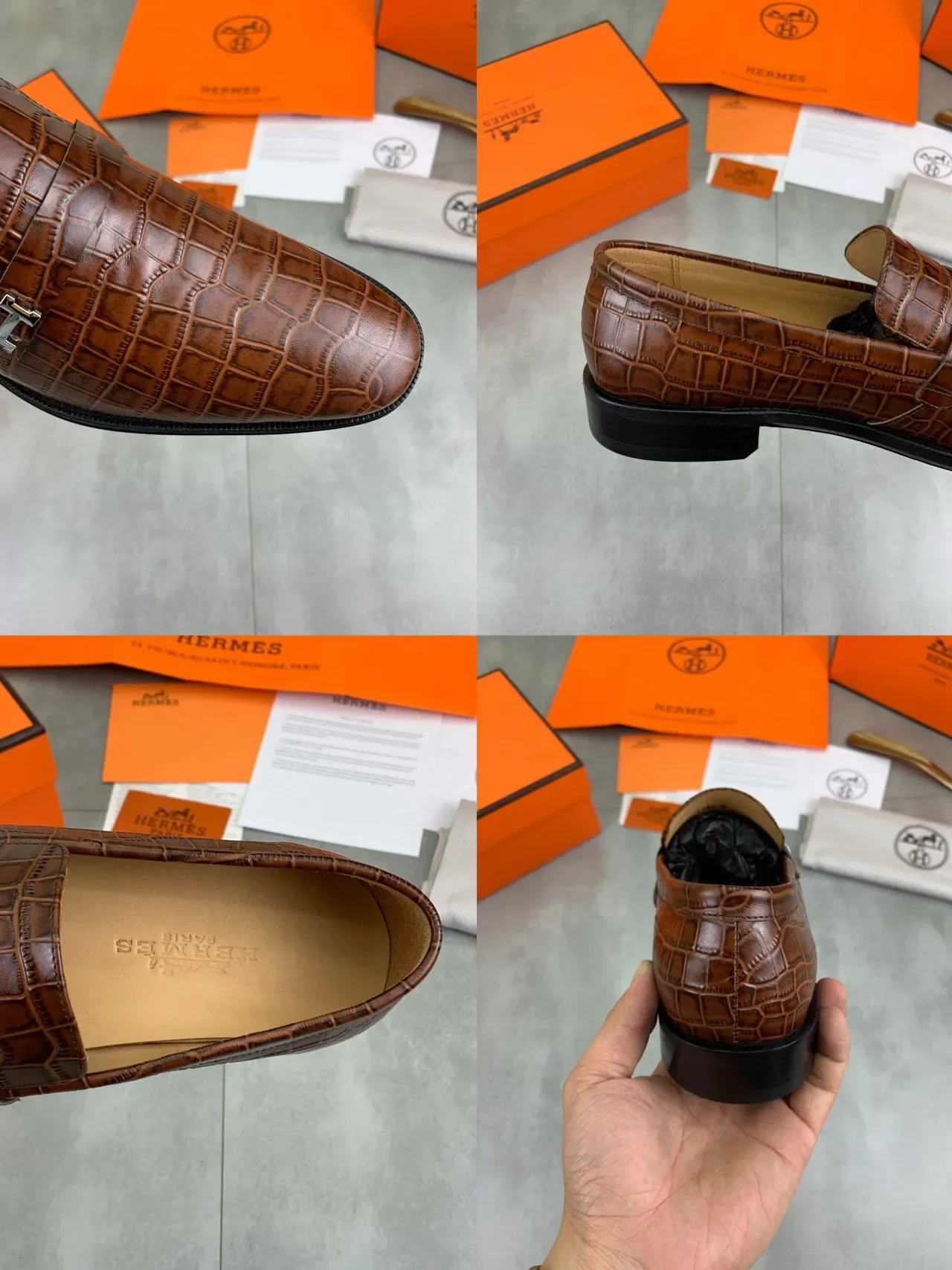 Hermès H-Pocket Loafer Cuir Marron Embossé Crocodile Loafers 3