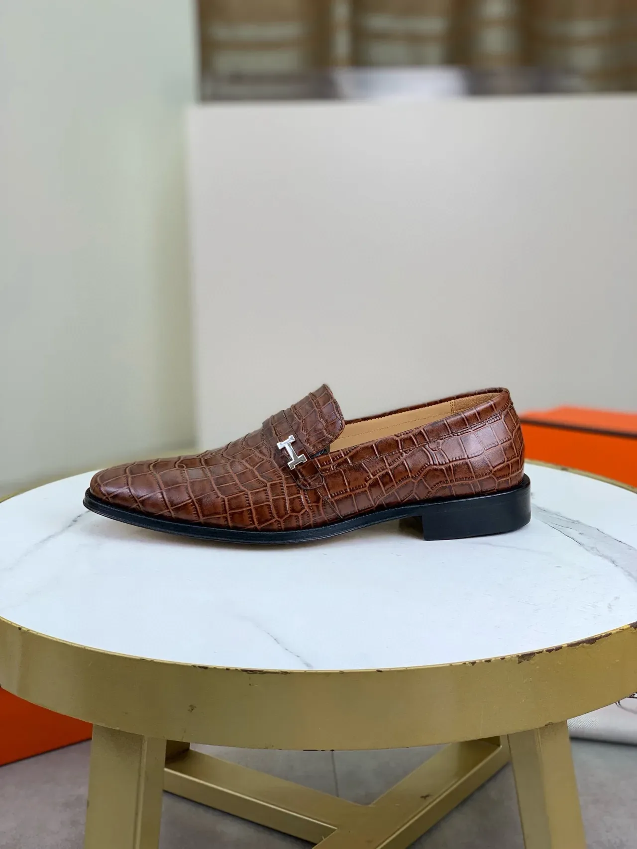 Hermès H-Pocket Loafer Cuir Marron Embossé Crocodile Loafers 7