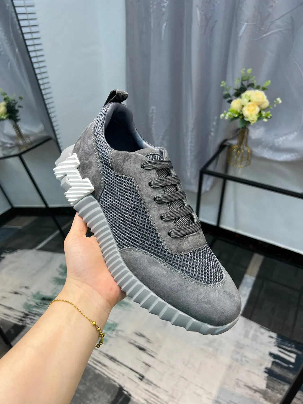 Hermès H-Ride Gray Mesh-Suede Lifestyle Sneakers 5