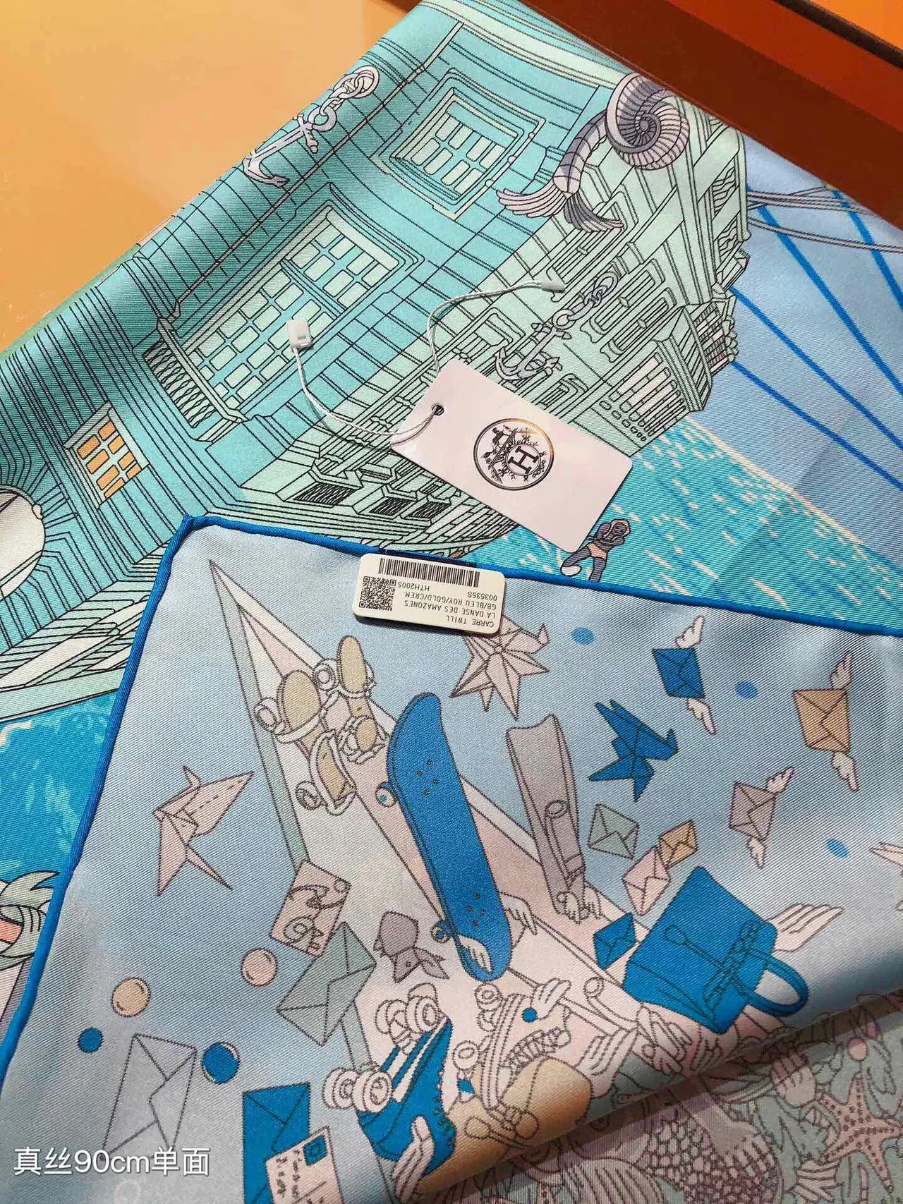 Hermès Illustrated Print Light Blue Silk Scarf 7