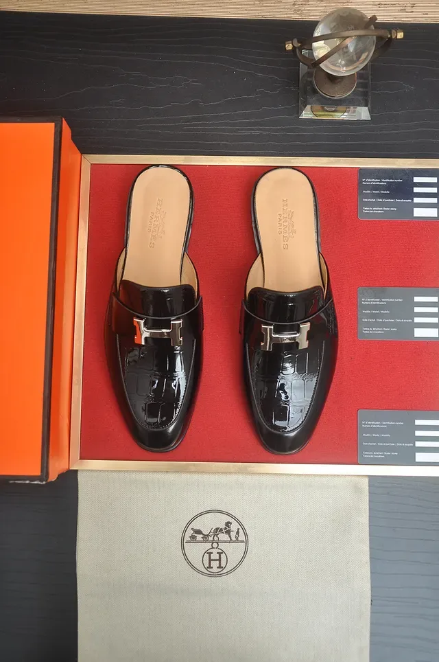 Hermès Oran Preto Bege Couro Brilhante Fivela H Metal Mocassim 5