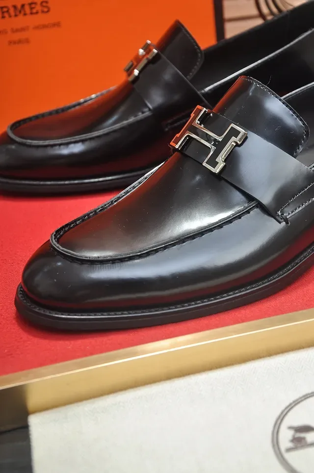 Hermès Oran أحذية جلد أسود H-Buckle 2