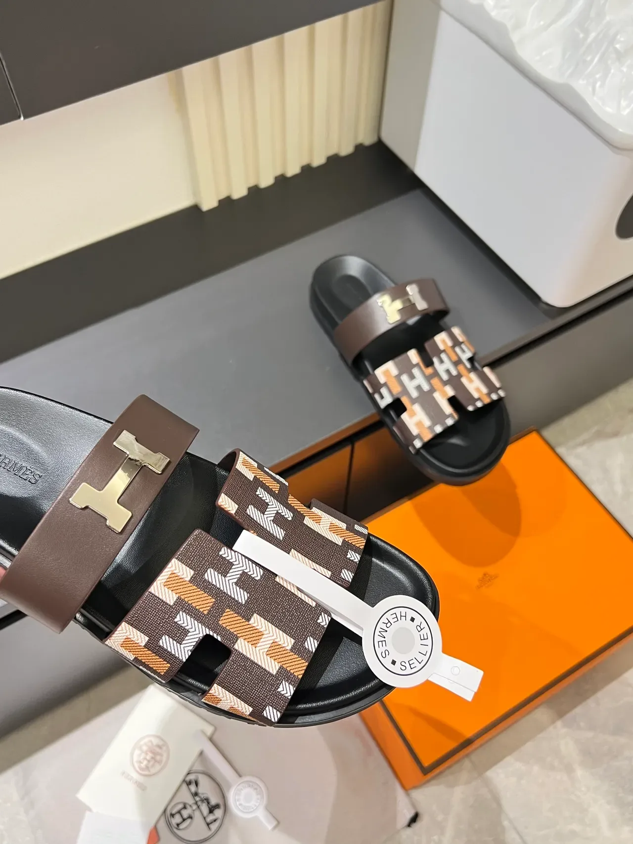 Hermès Oran Black Multicolor Double-Strap Slide H-Buckle Hardware Slippers 3