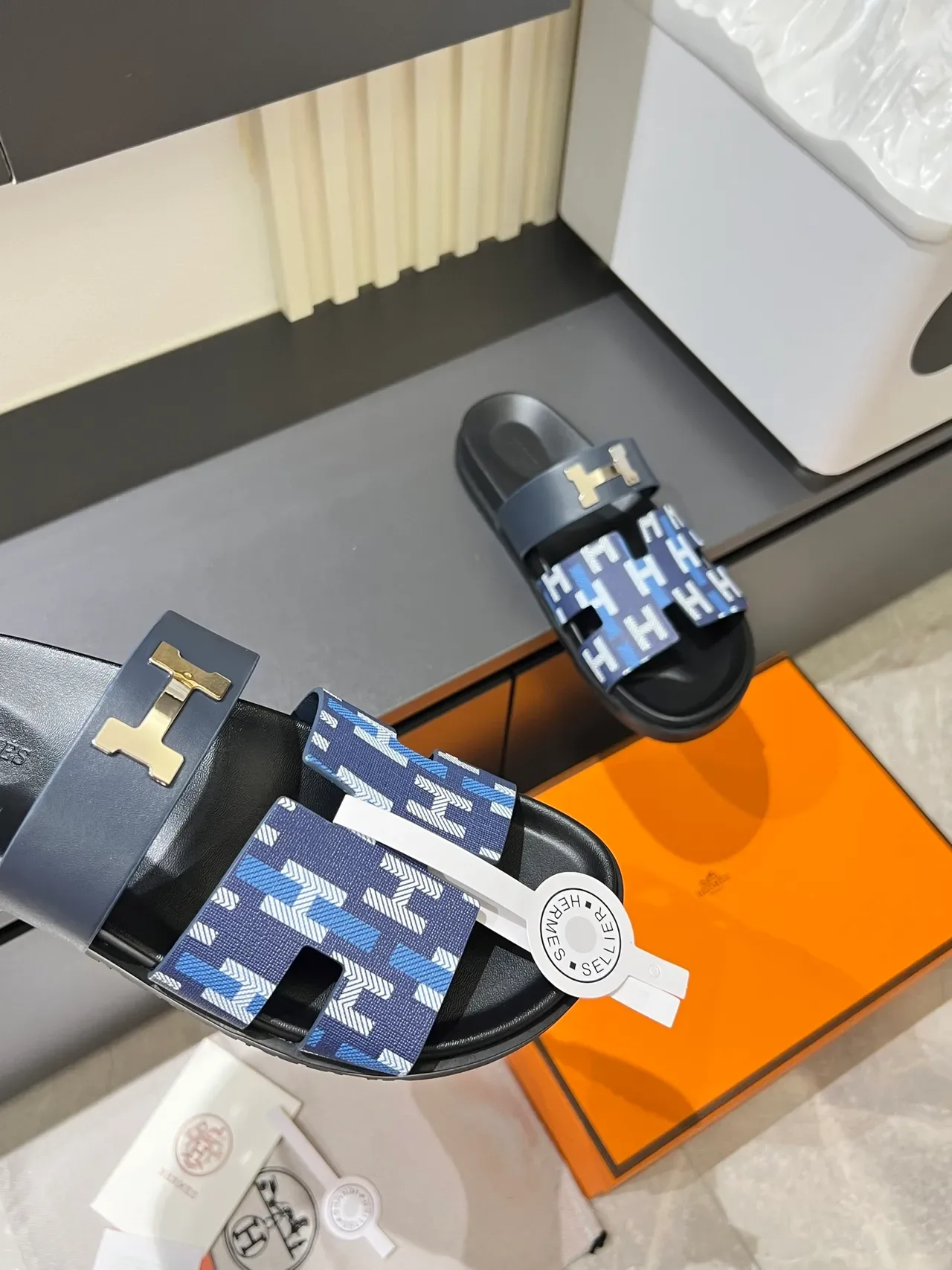 Hermès Oran Black Multicolor Double-Strap Slide H-Buckle Hardware Slippers 4
