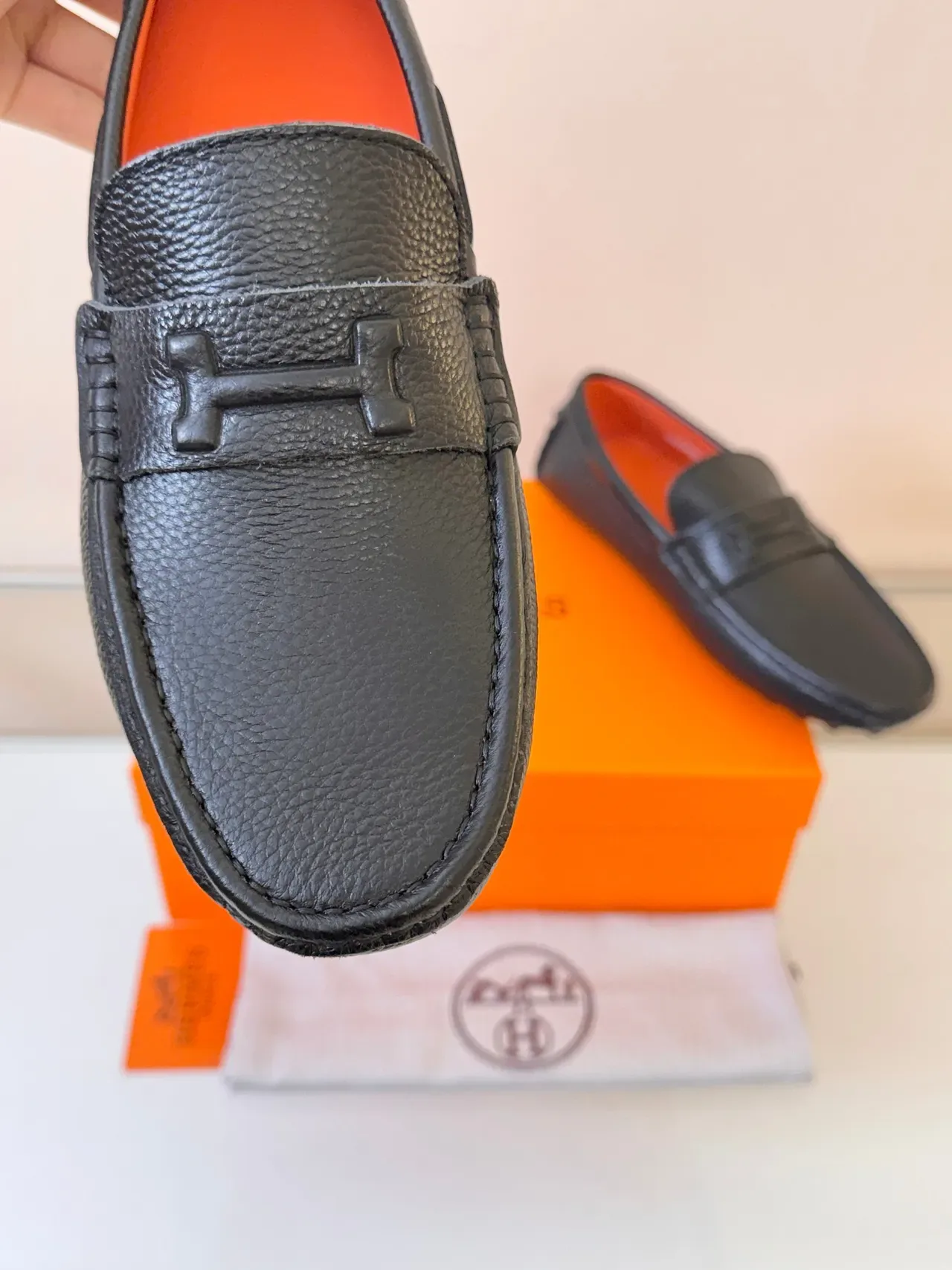 Hermès Oran Black Orange Pebbled Leather H-Logo Strap Loafer 3