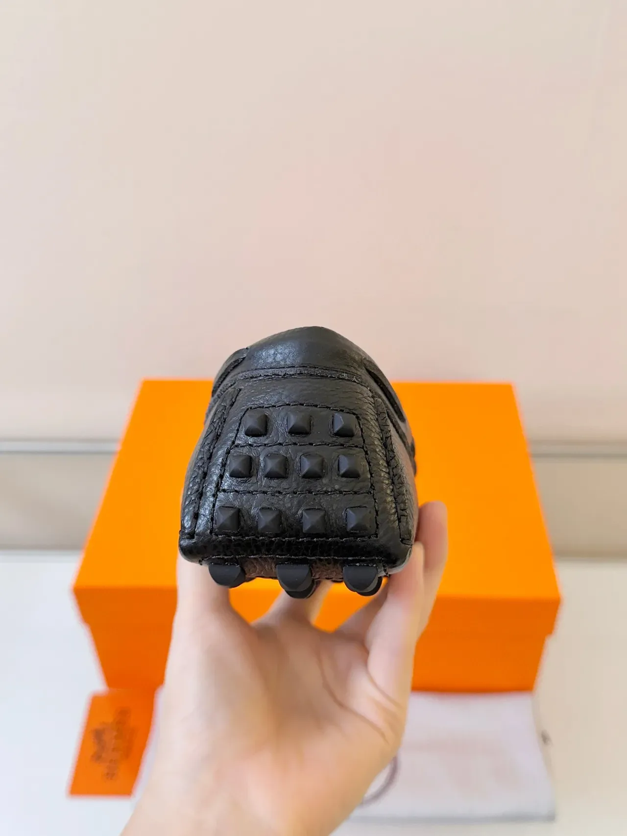 Hermès Oran Black Orange Pebbled Leather H-Logo Strap Loafer 4