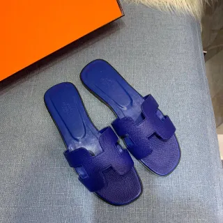 Hermès Oran Blue Textured Leather H-Strap Slippers