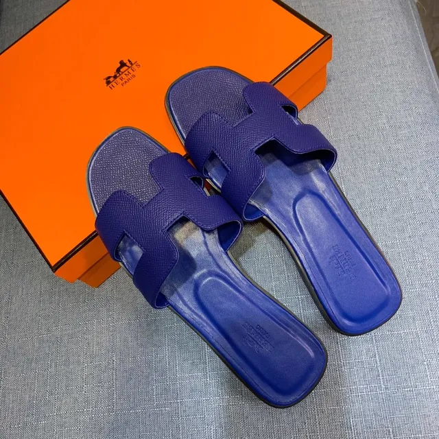 Hermès Oran Blue Textured Leather H-Strap Slippers 2