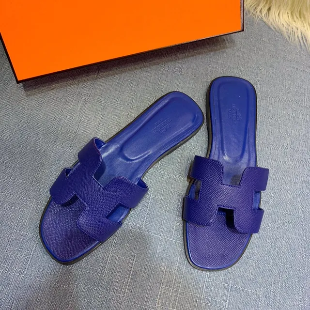 Hermès Oran Blue Textured Leather H-Strap Slippers 4