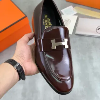 Hermès Oran Marron Cuir Patenté H-Buckle Loafer