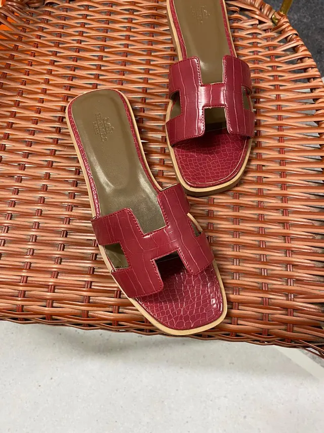 Hermès Oran Crocodile-Embossed Red Slippers 5