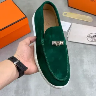 Hermès Oran Verde Branco Ante Superior Fivela H Metal Hardware Loafer