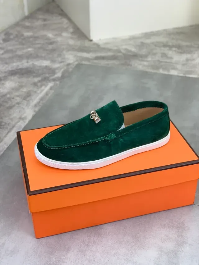 Hermès Oran Verde Branco Ante Superior Fivela H Metal Hardware Loafer 5