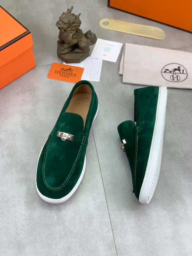 Hermès Oran Verde Branco Ante Superior Fivela H Metal Hardware Loafer 6