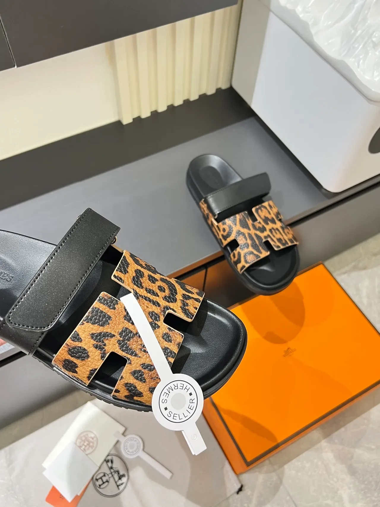 Hermès Oran Leopard and Python-Print H-Strap Slippers 4