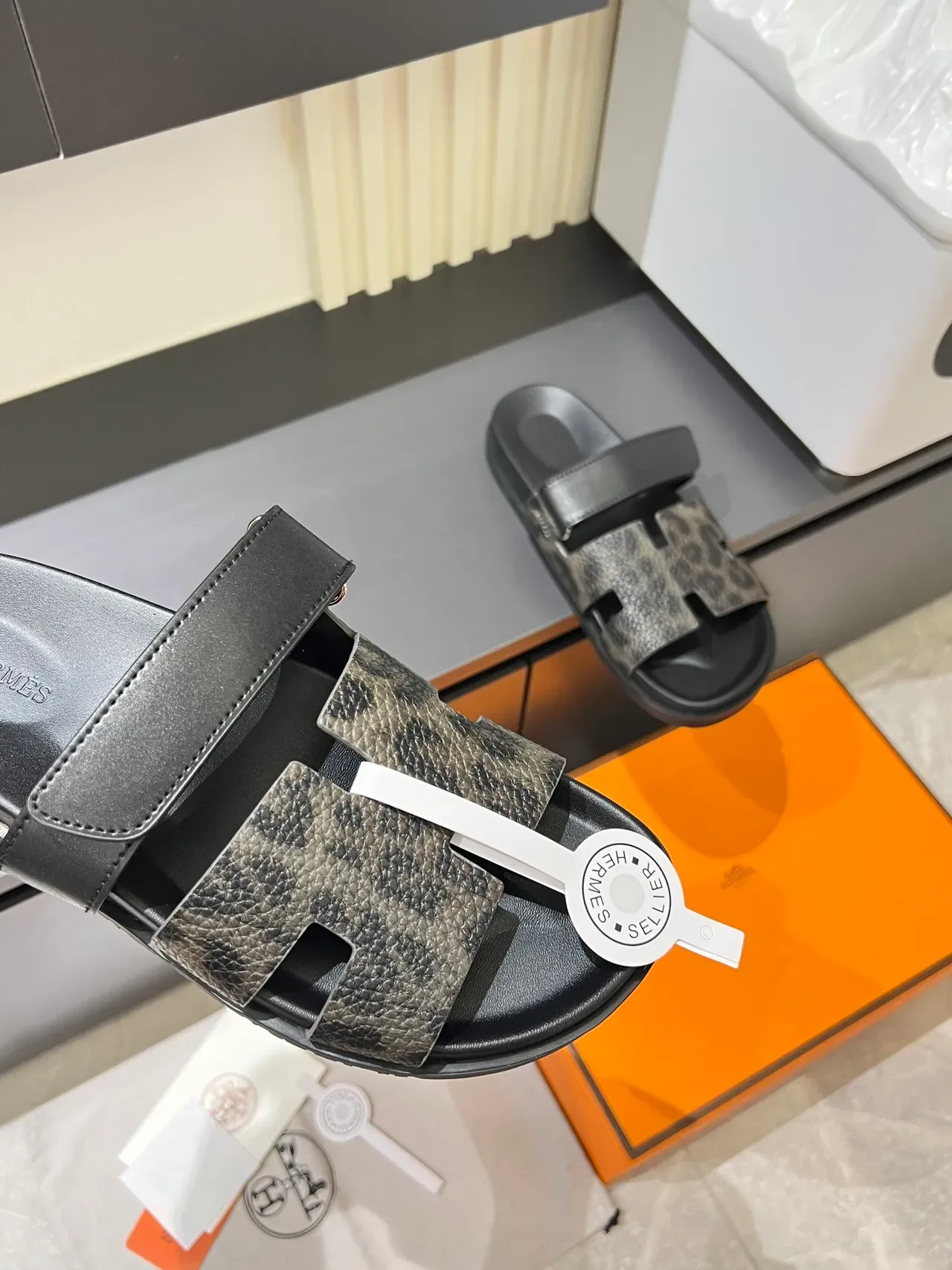 Hermès Oran Leopard and Python-Print H-Strap Slippers 5