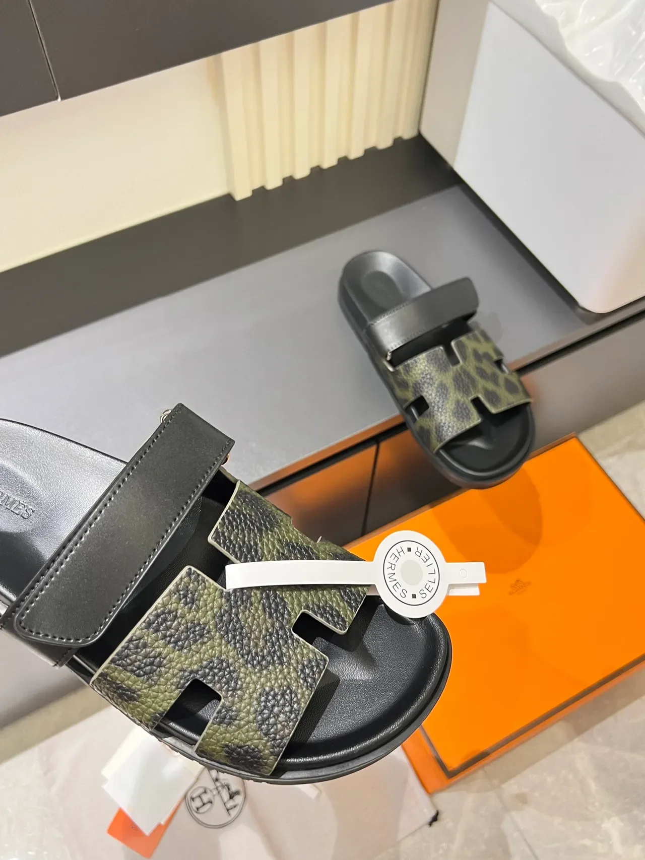 Hermès Oran Leopard and Python-Print H-Strap Slippers 6