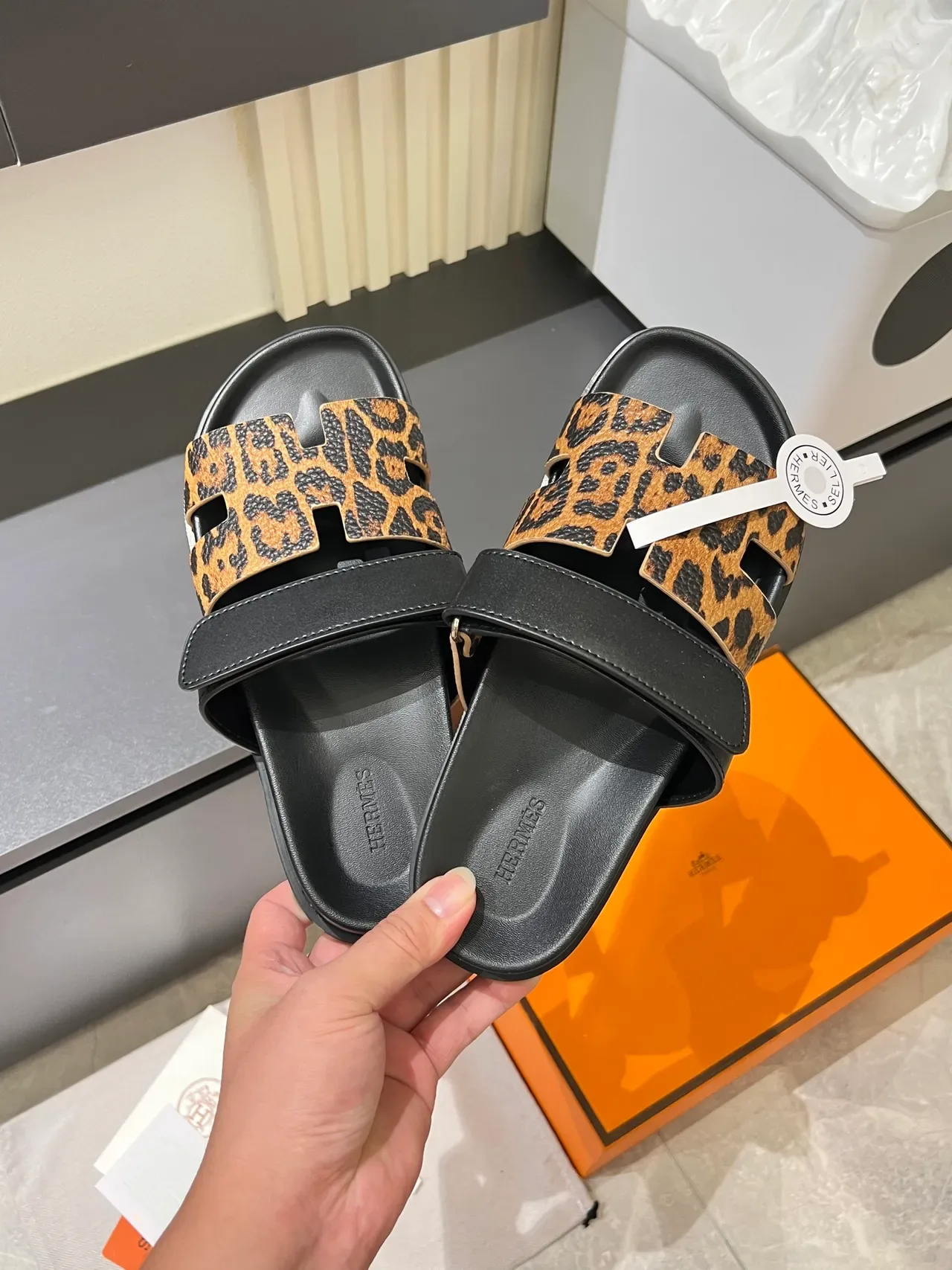 Hermès Oran Leopard and Python-Print H-Strap Slippers 9